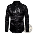 Black satin men’s dress shirt featuring a sparkling sequined chest panel for formal and stylish occasions