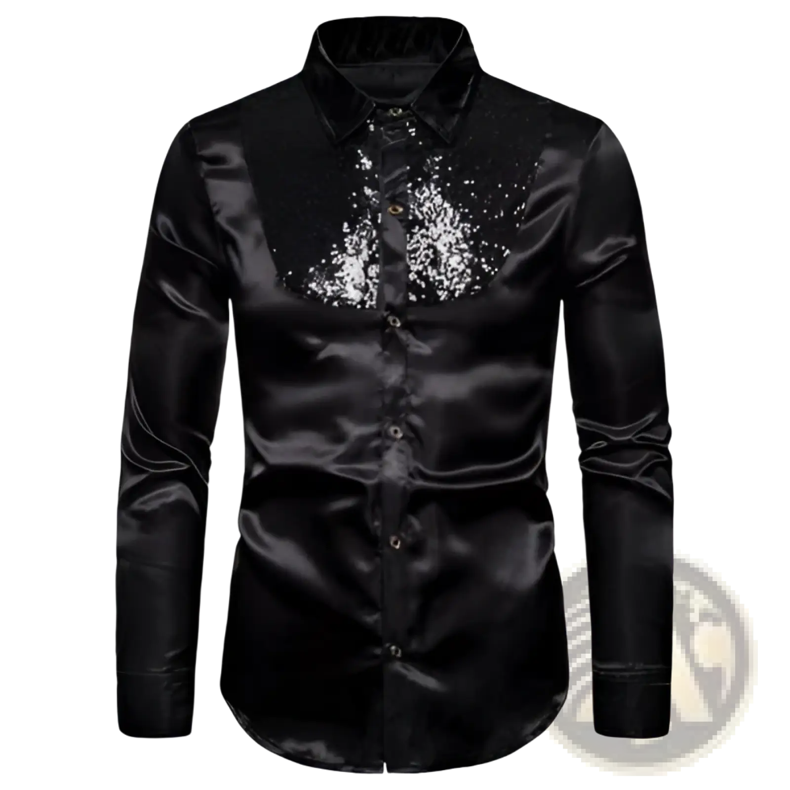 Black satin men’s dress shirt featuring a sparkling sequined chest panel for formal and stylish occasions