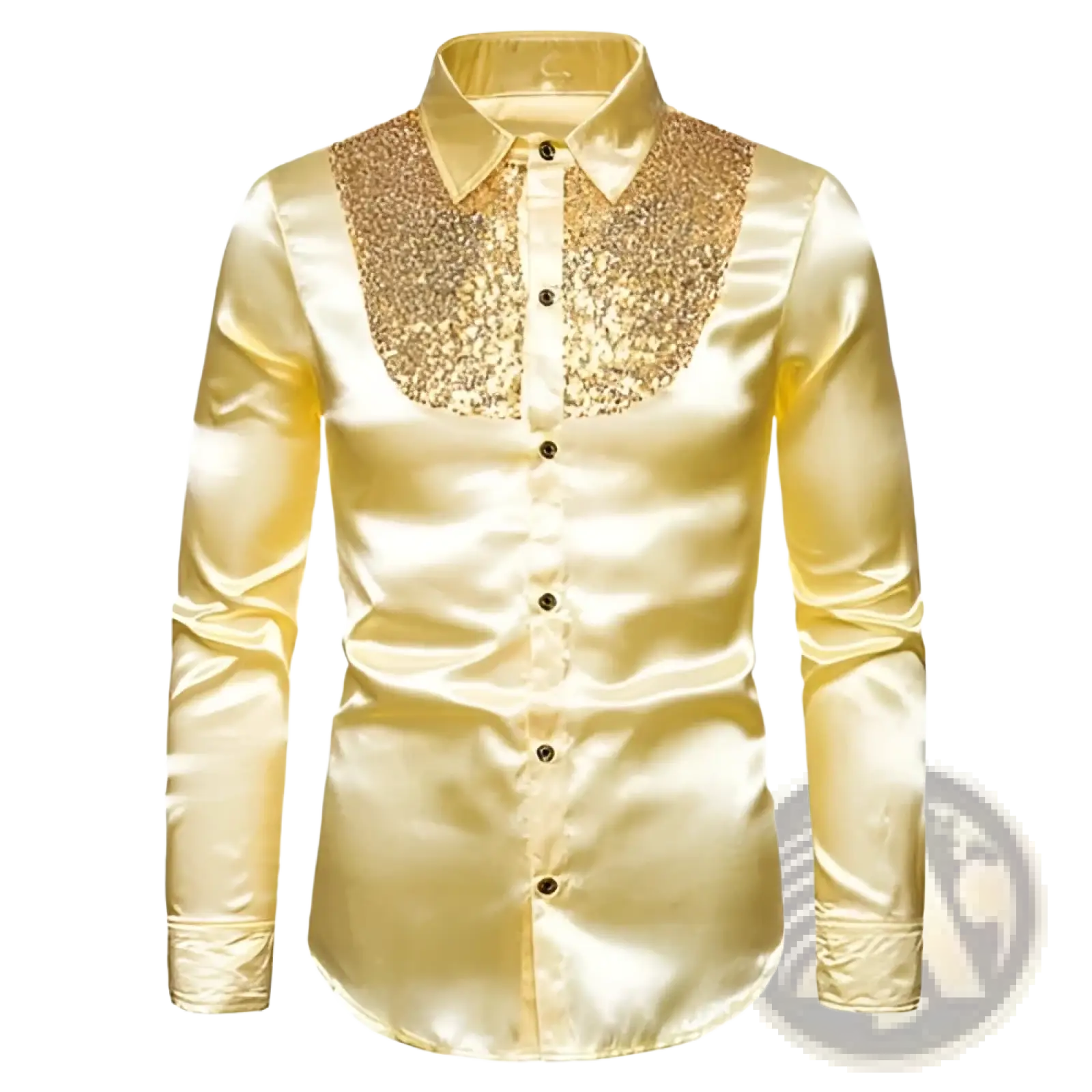 Men’s satin dress shirt in gold with a sequined yoke and black buttons for formal occasions