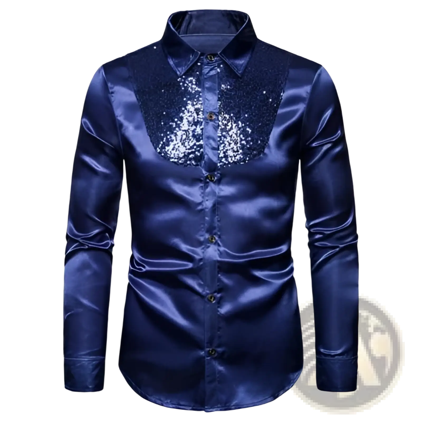 A sleek navy blue satin men’s dress shirt with a sparkling sequined yoke detail front view