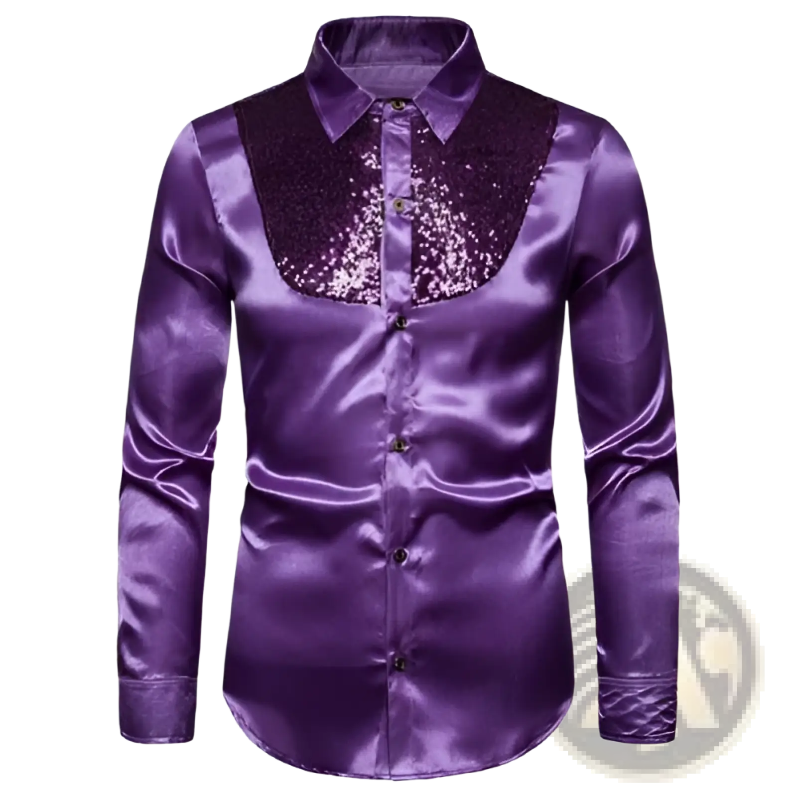 Men’s purple satin dress shirt featuring a black sequined yoke detail for formal or evening wear