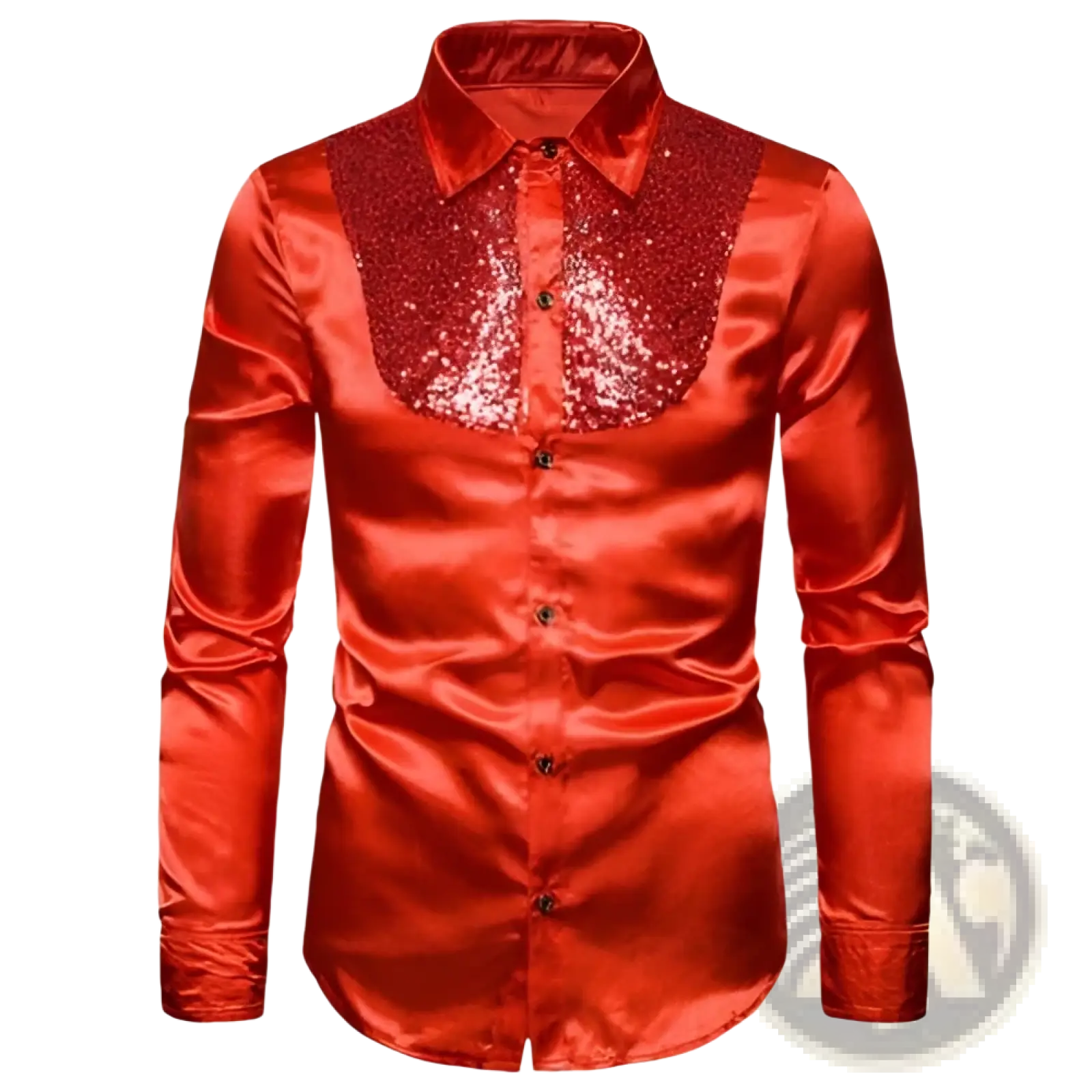 Men’s vibrant red satin dress shirt with a sparkling sequined yoke detail for formal occasions