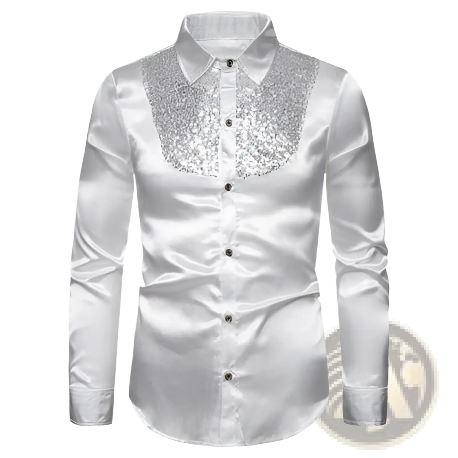 White satin men’s dress shirt with a sparkling silver sequined yoke detail for formal occasions