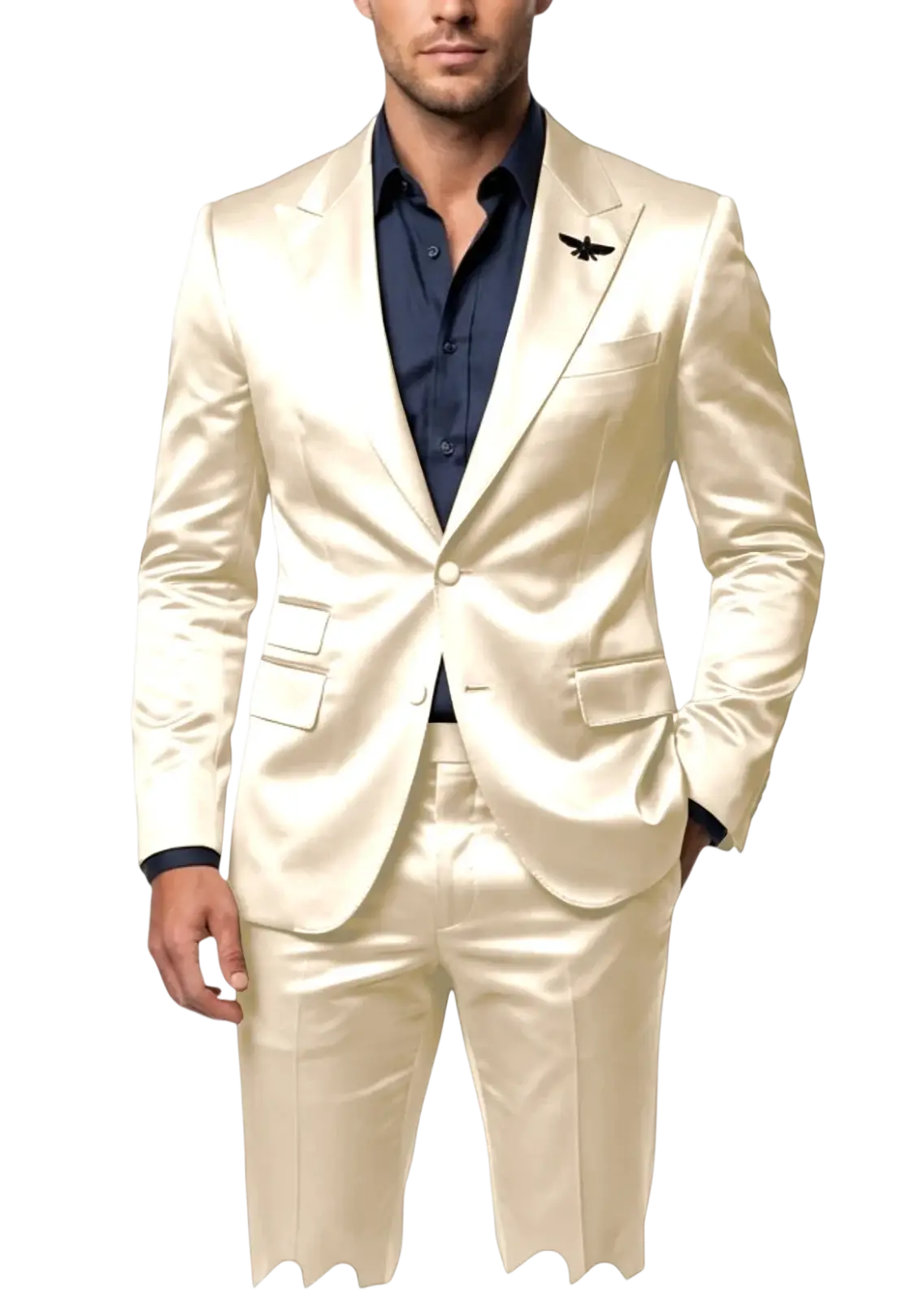 Mens satin tuxedo suit slim fit cream satin 2-piece with subtle sheen single-breasted jacket and matching trousers