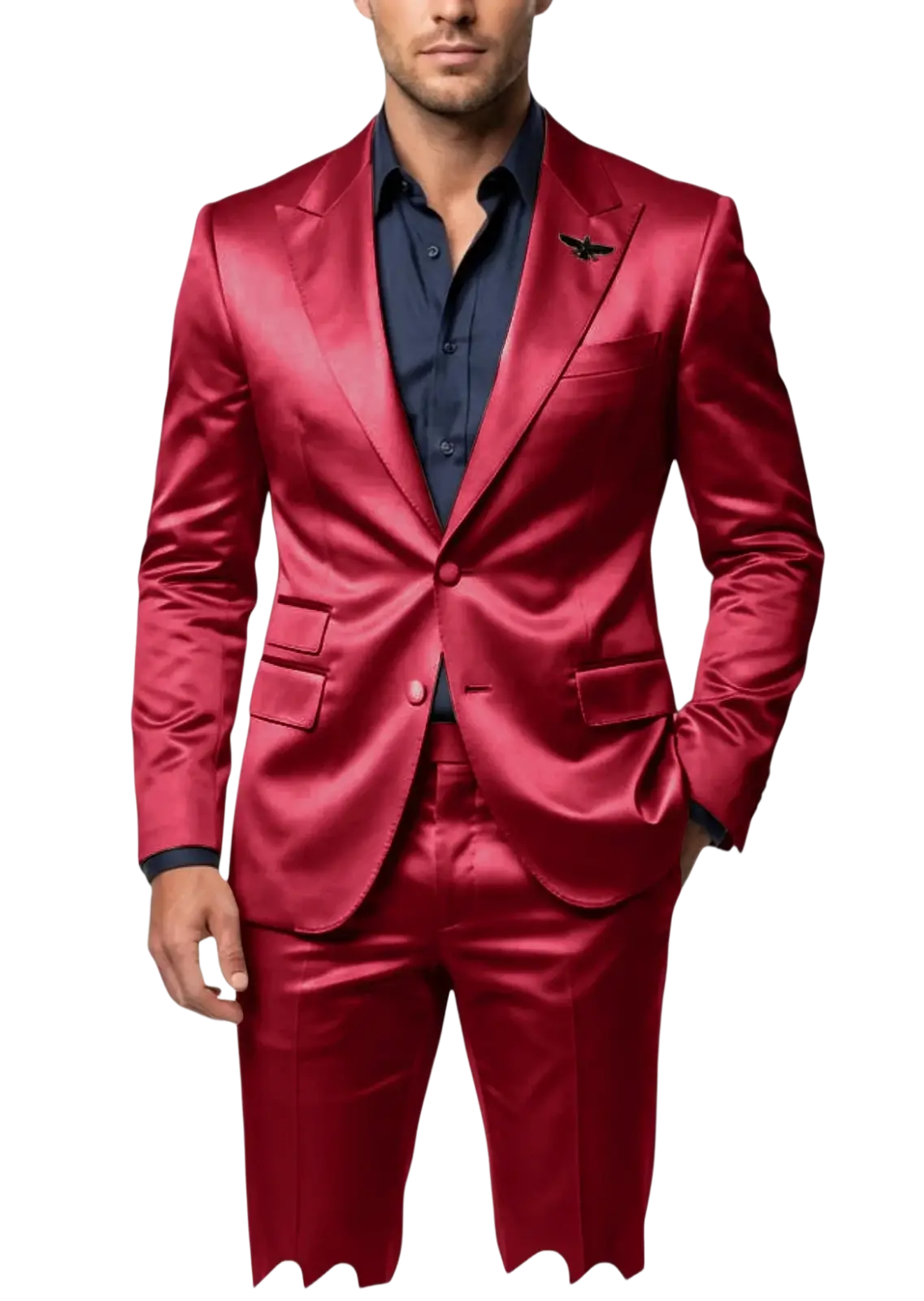 A glossy red satin suit with a sleek tailored fit and matching trousers for mens formal wear