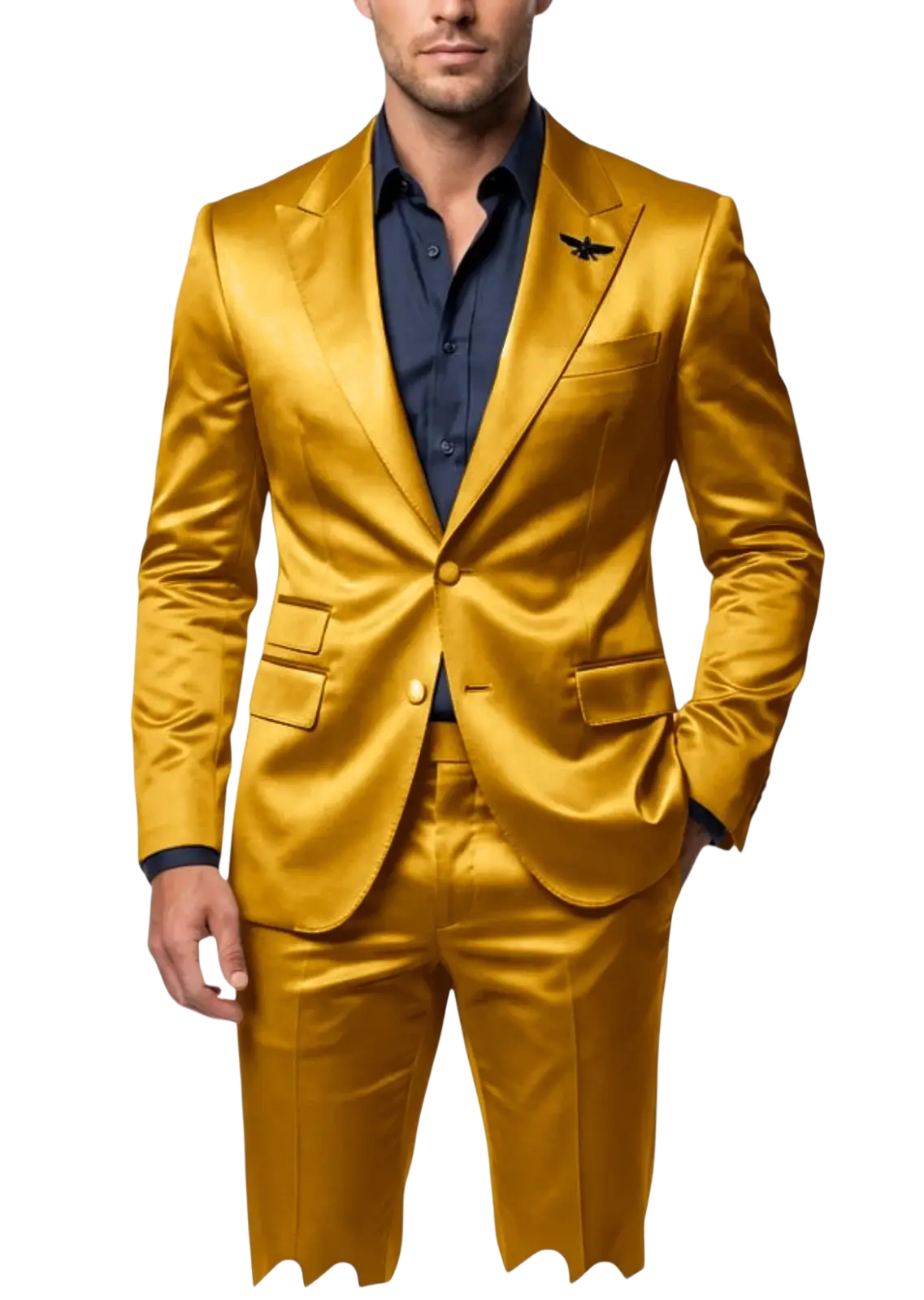 Mens satin tuxedo suit slim fit gold with tailored fit and subtle sheen in a two-piece design