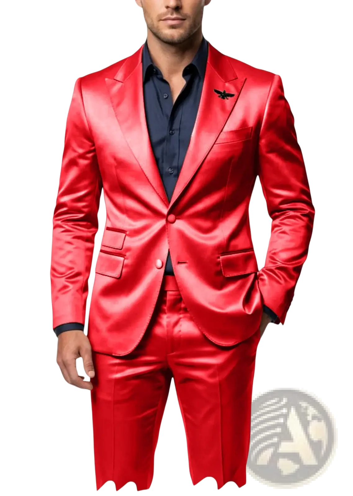 Mens satin tuxedo suit slim fit in vibrant red with a glossy finish and scalloped hemline matching trousers