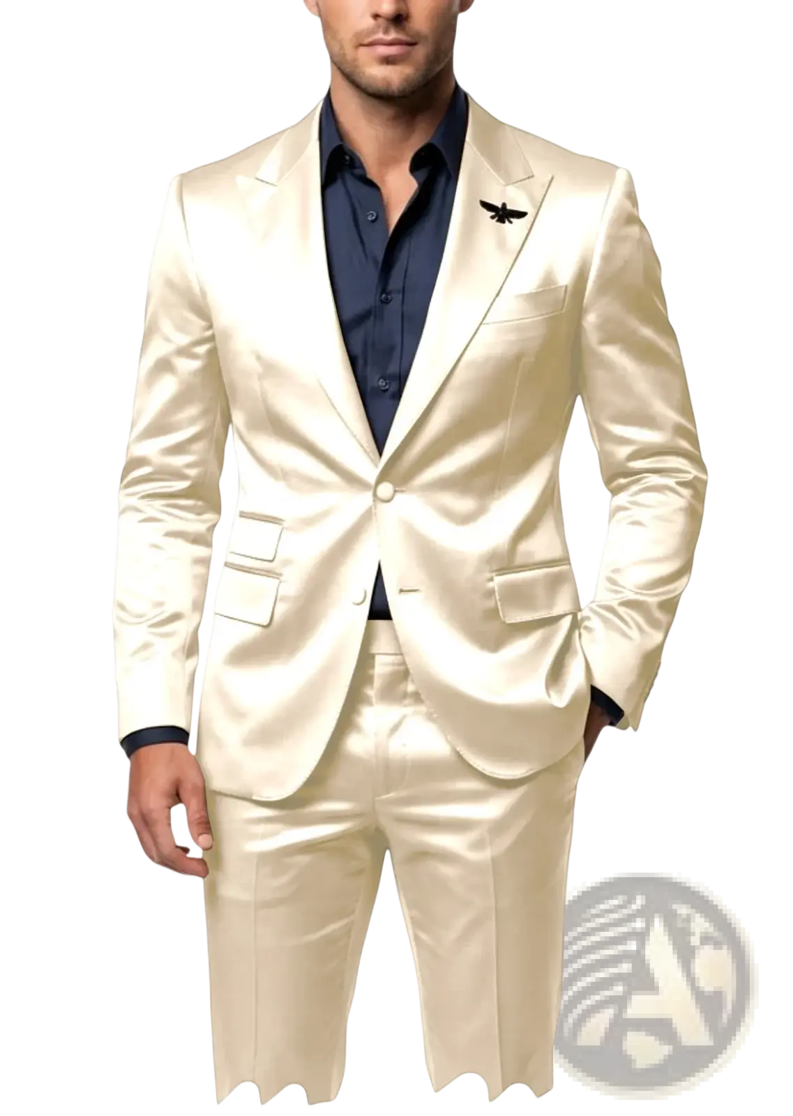 Mens satin tuxedo suit slim fit cream satin 2-piece with subtle sheen single-breasted jacket and matching trousers