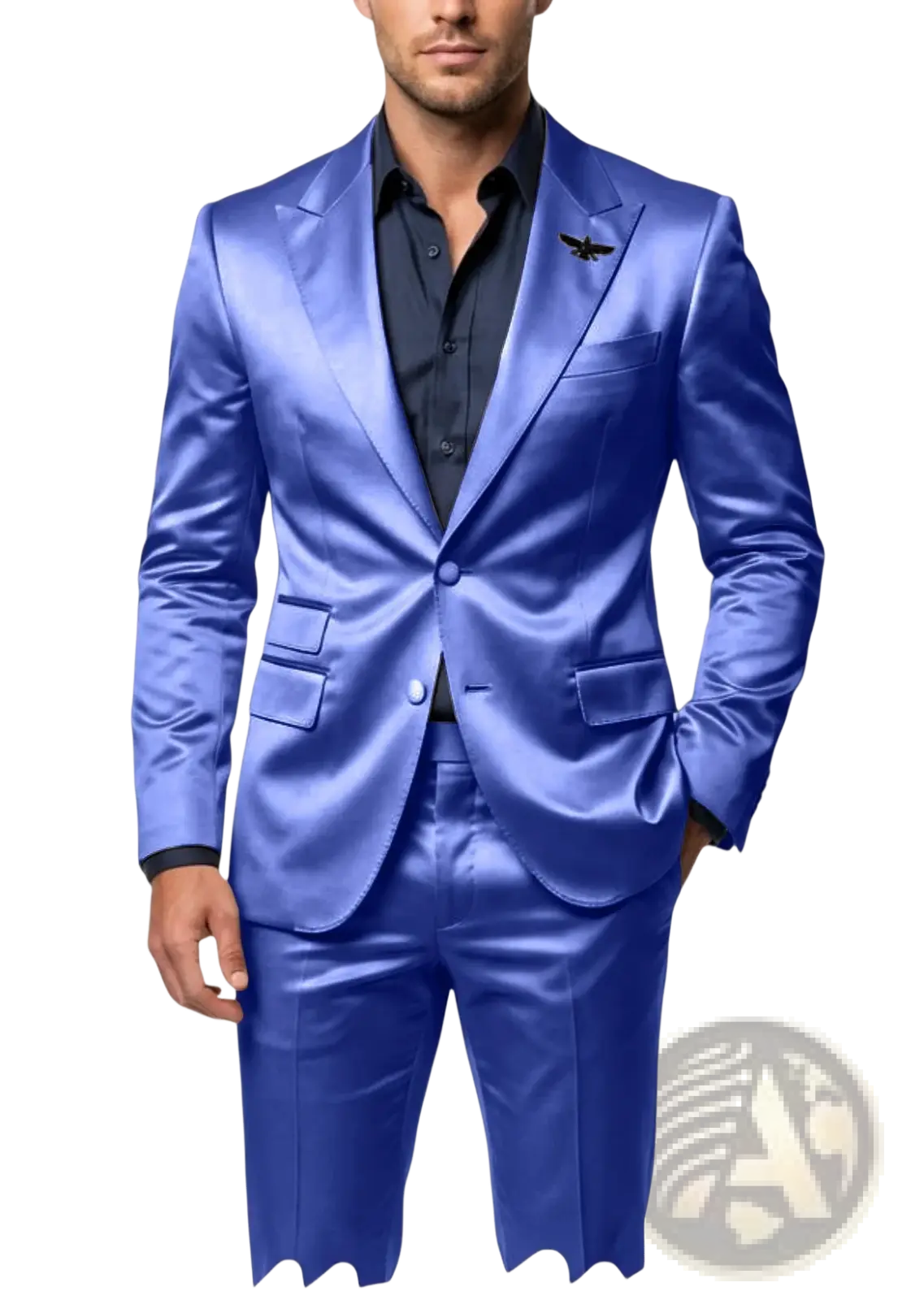 Mens satin tuxedo suit slim fit blue 2-piece with vibrant royal blue satin and subtle winged emblem on lapel
