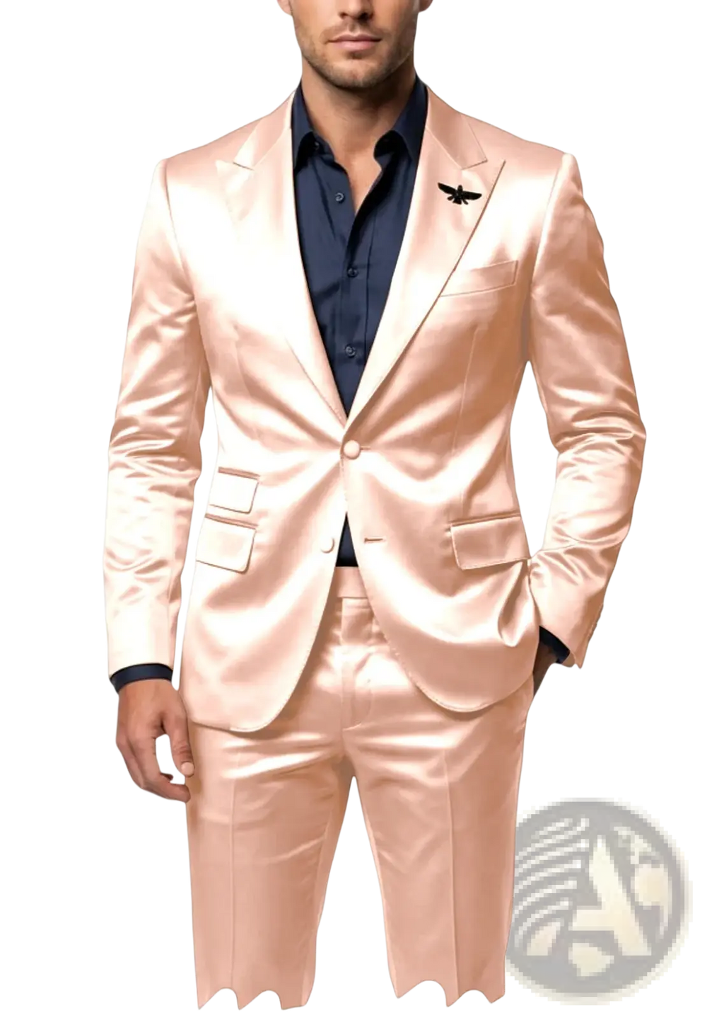 A sleek blush pink satin suit with subtle sheen and tailored fit, styled as a mens slim fit tuxedo 2-piece
