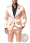 A sleek blush pink satin suit with subtle sheen and tailored fit, styled as a mens slim fit tuxedo 2-piece