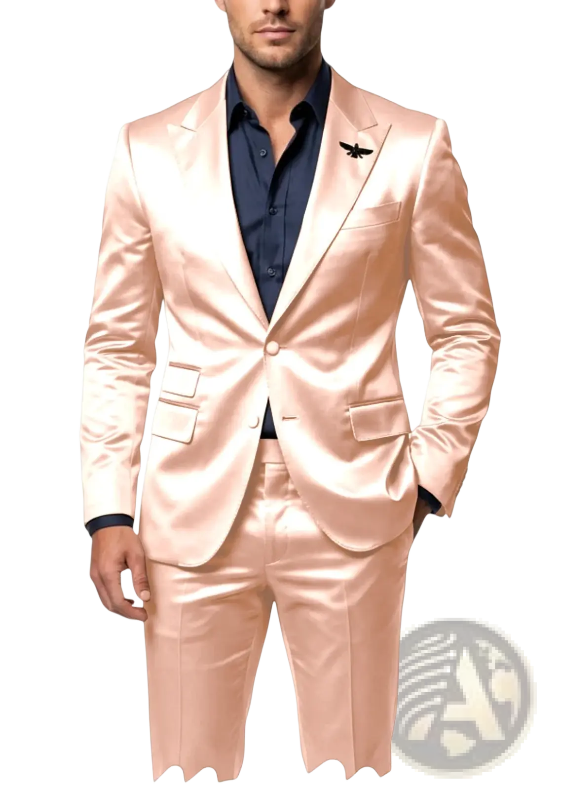 A sleek blush pink satin suit with subtle sheen and tailored fit, styled as a mens slim fit tuxedo 2-piece