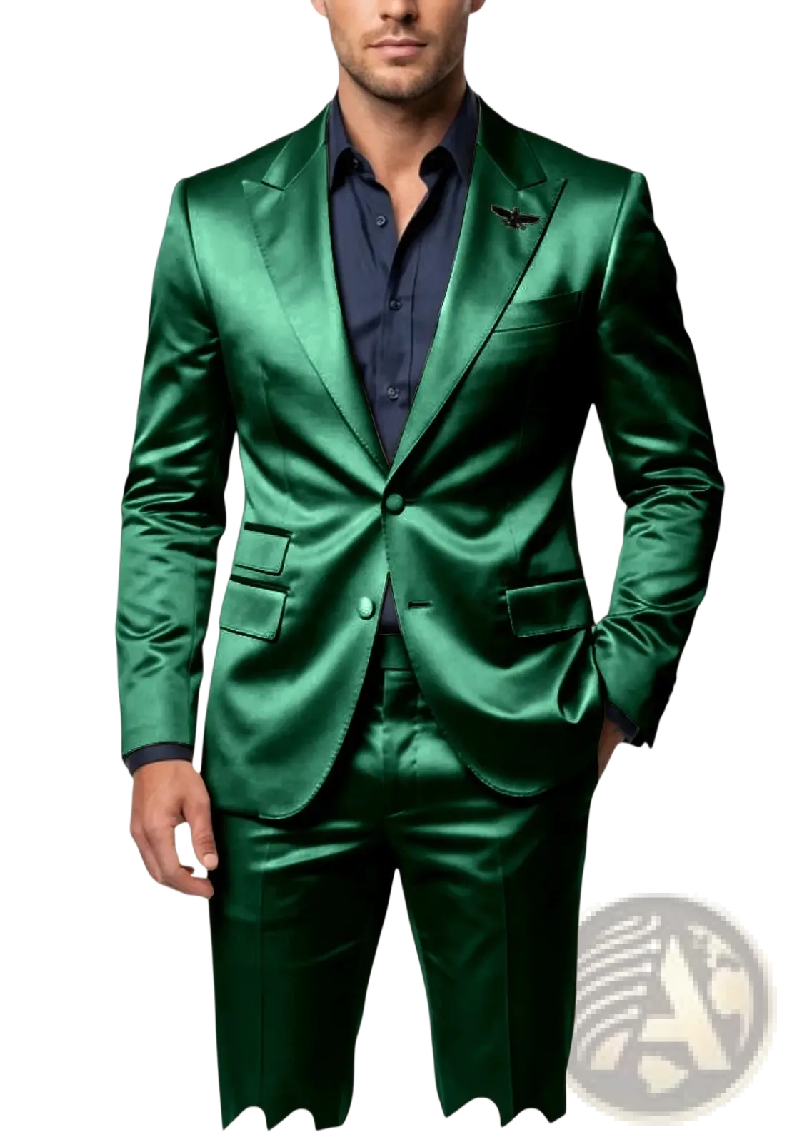 Mens satin tuxedo suit slim fit in emerald green with sharp tailoring and a subtle sheen on satin fabric