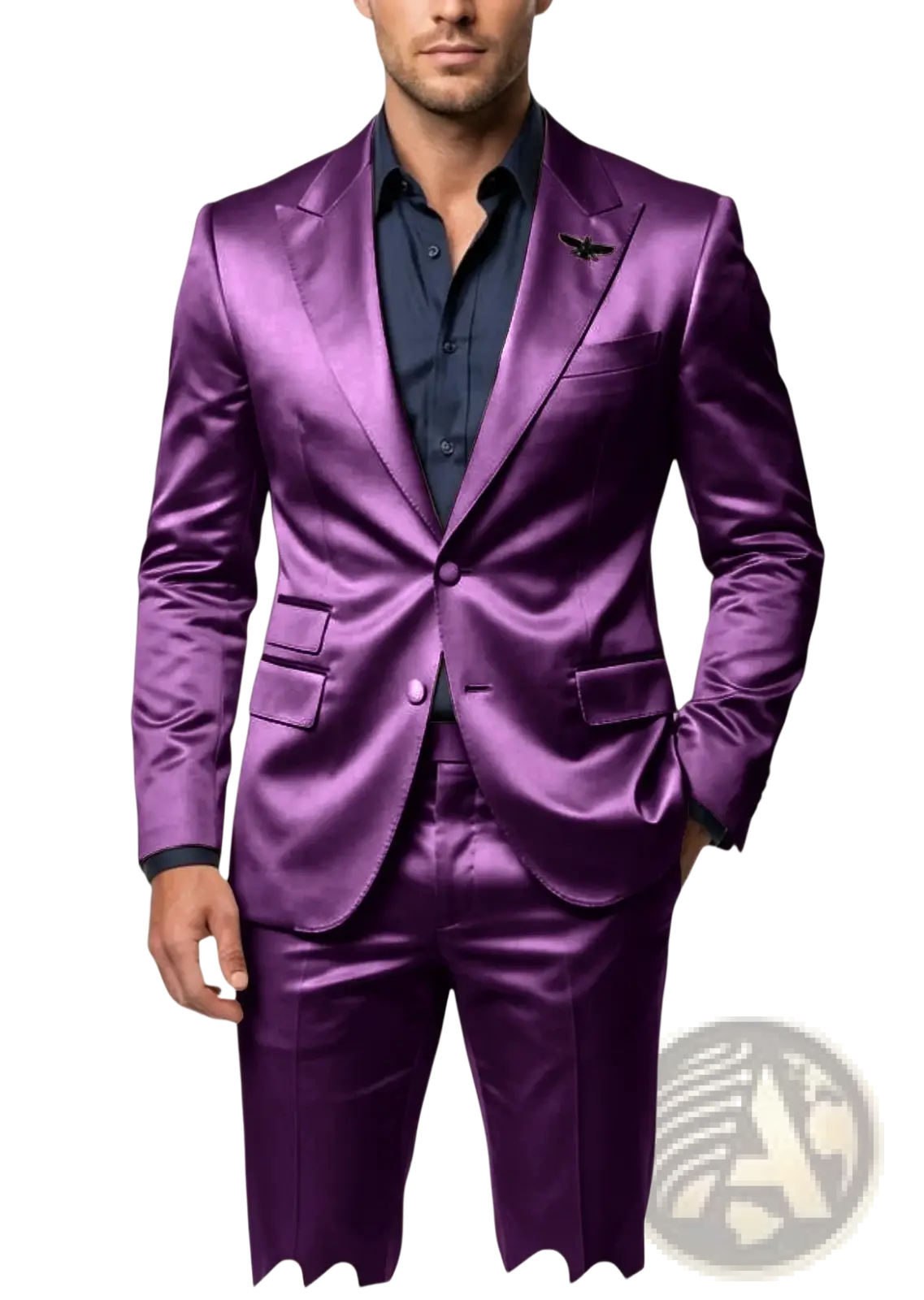 Purple satin tuxedo suit with sleek glossy finish and matching trousers in slim fit mens 2-piece set