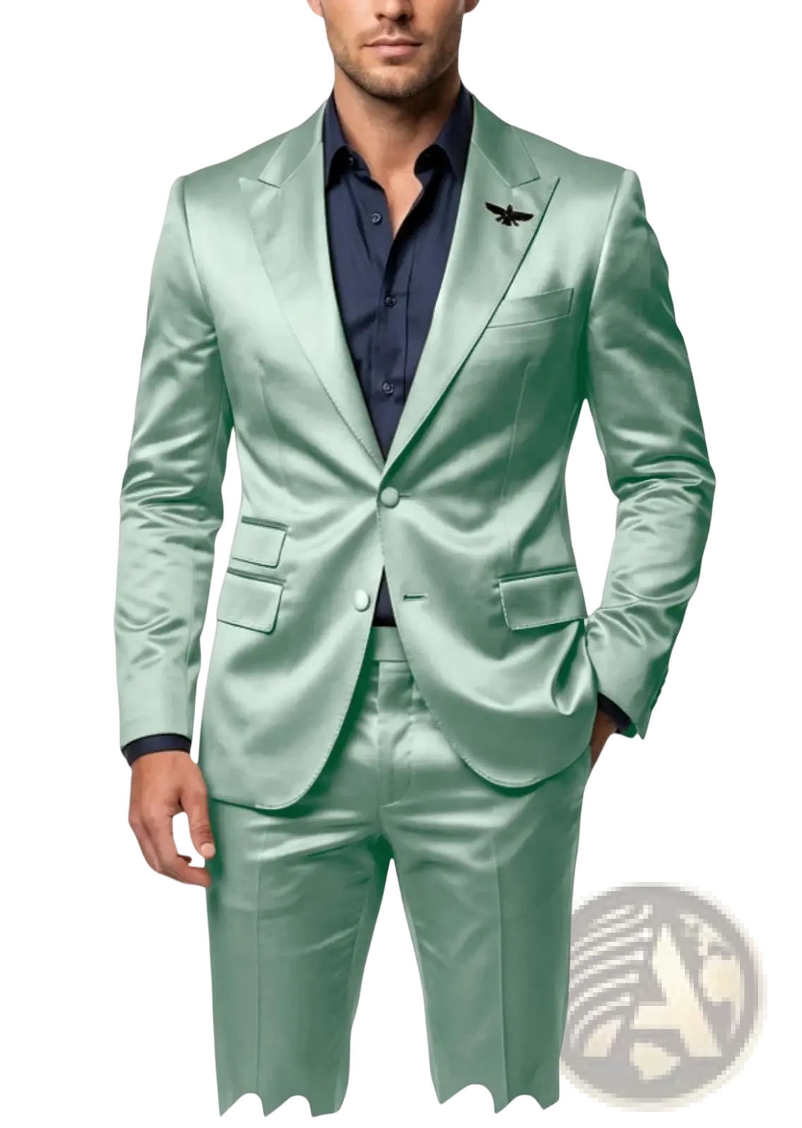 Mens satin tuxedo suit slim fit two-piece in sleek satin finish mint green with subtle sheen and tailored fit