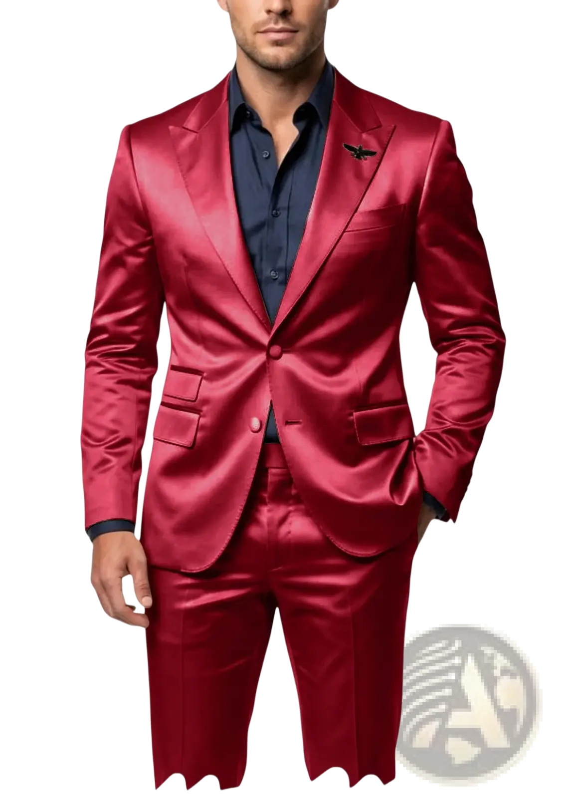A glossy red satin suit with a sleek tailored fit and matching trousers for mens formal wear