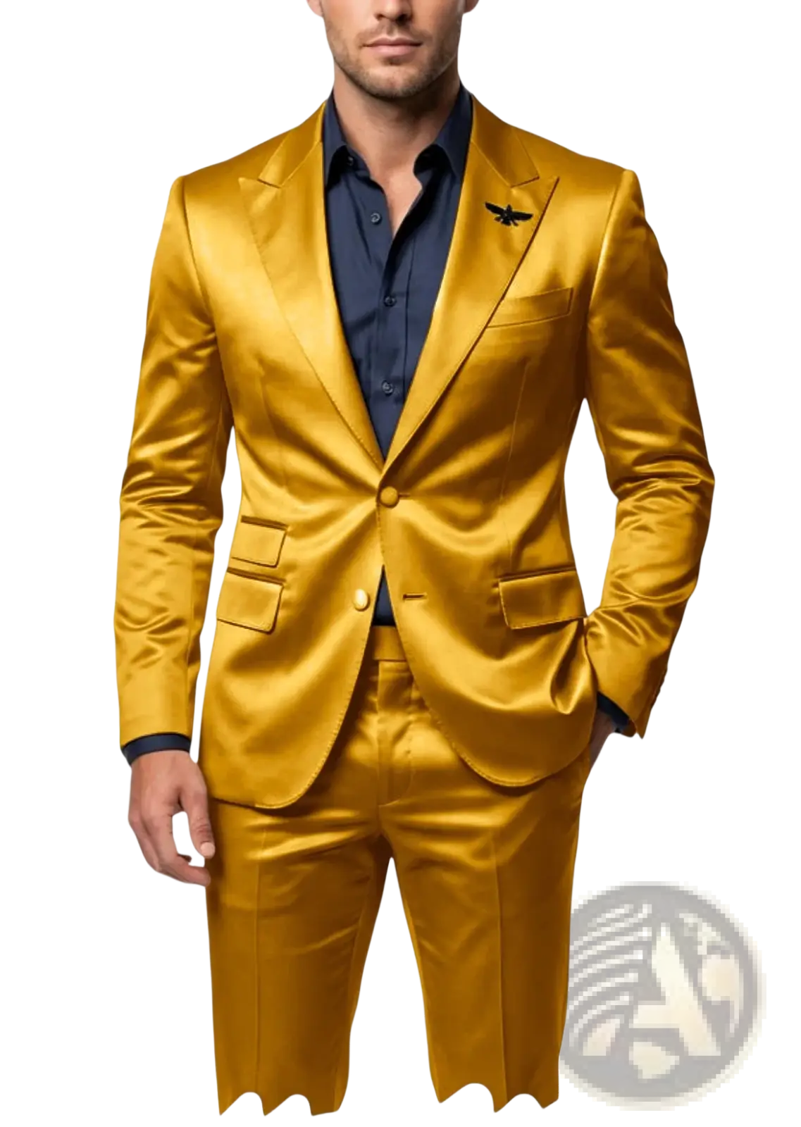 Mens satin tuxedo suit slim fit gold with tailored fit and subtle sheen in a two-piece design
