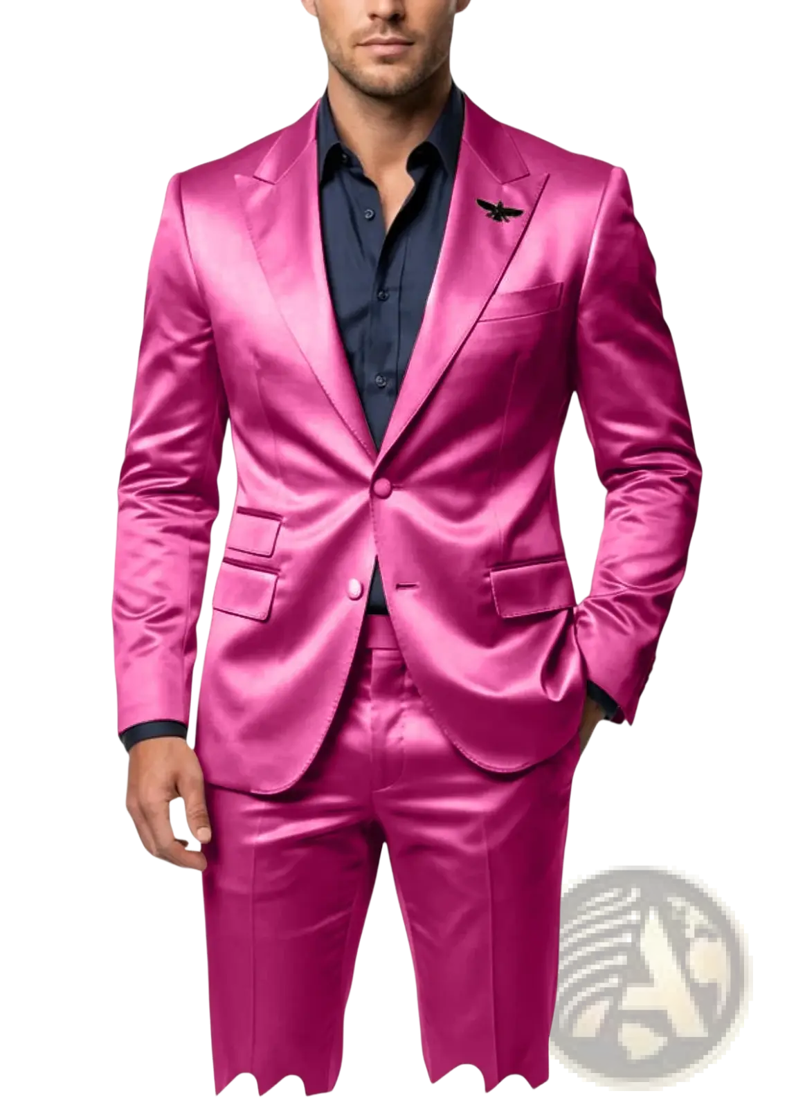 A vibrant fuchsia satin tuxedo suit with a sleek glossy finish and scalloped hem trousers in slim fit style