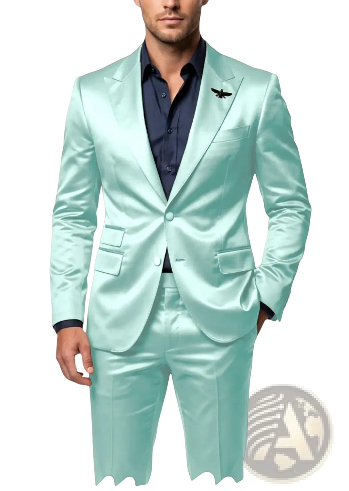 A sleek mint green satin tuxedo suit with subtle sheen and tailored fit for men in a slim fit two-piece design
