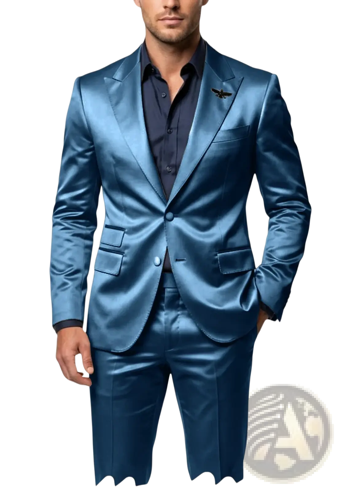 Mens satin tuxedo suit slim fit blue 2-piece with a sleek satin finish and tailored fit showcasing subtle sheen
