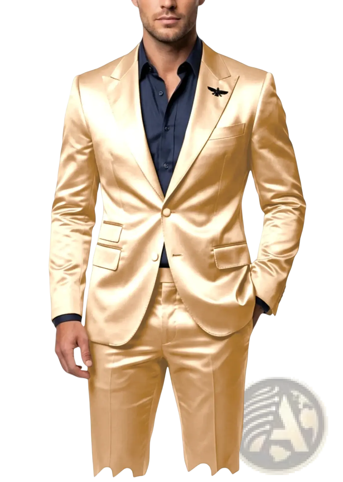 Mens satin tuxedo suit slim fit in shiny gold with black embroidered bird pin on lapel for formal occasions