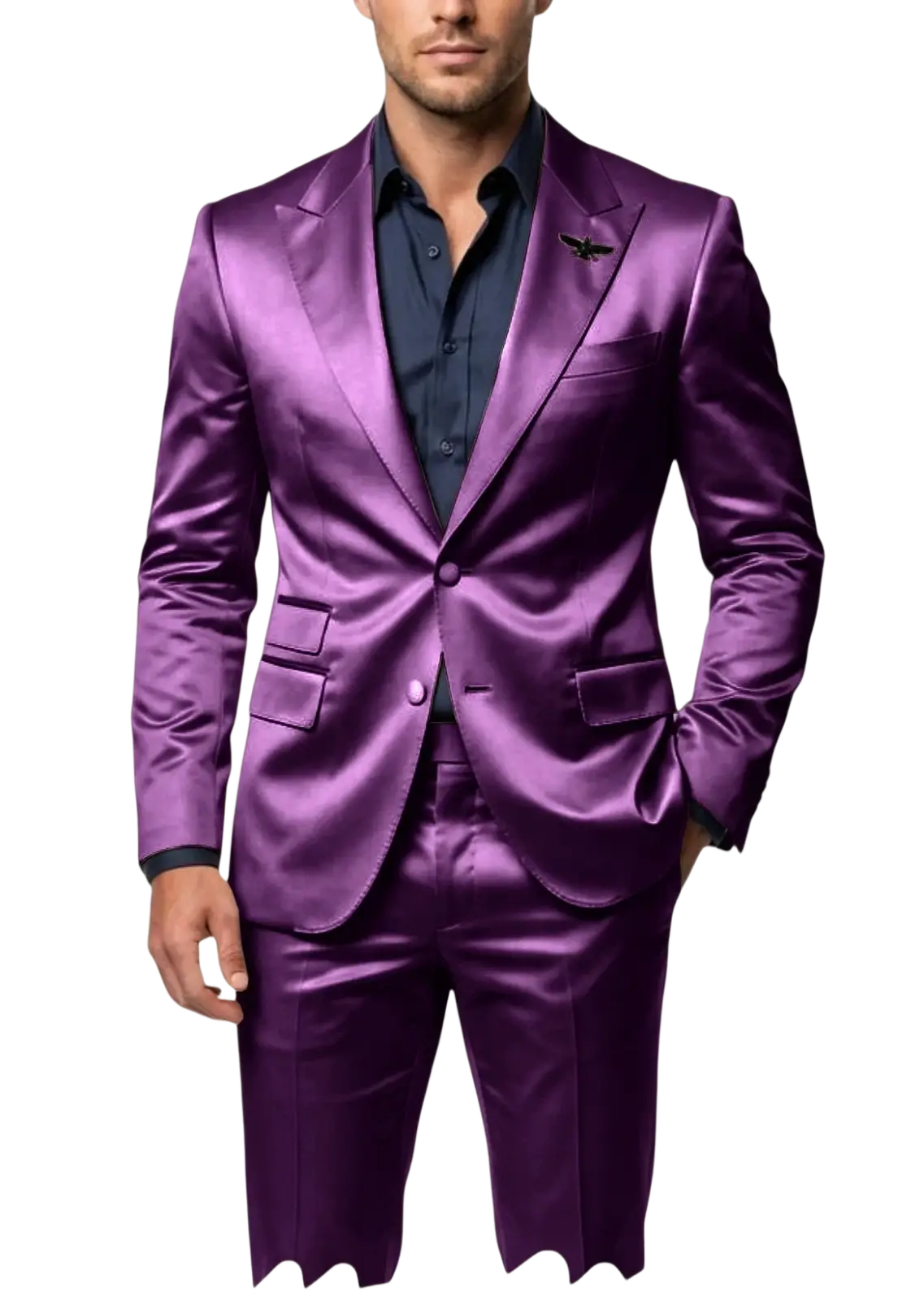 Purple satin tuxedo suit with sleek glossy finish and matching trousers in slim fit mens 2-piece set
