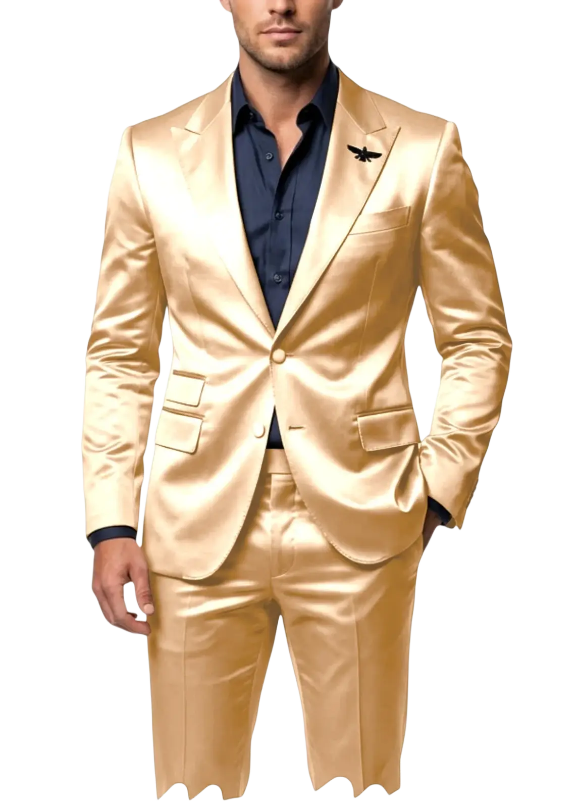 Mens satin tuxedo suit slim fit in shiny gold with black embroidered bird pin on lapel for formal occasions
