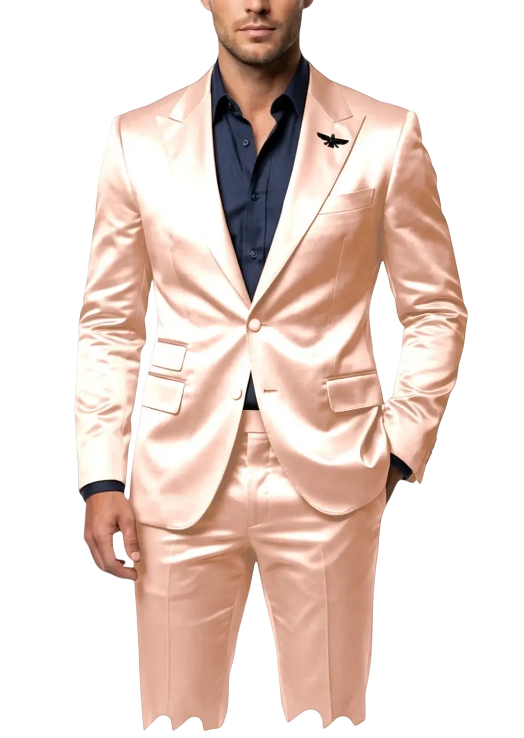 A sleek blush pink satin suit with subtle sheen and tailored fit, styled as a mens slim fit tuxedo 2-piece