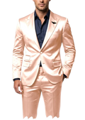 A sleek blush pink satin suit with subtle sheen and tailored fit, styled as a mens slim fit tuxedo 2-piece