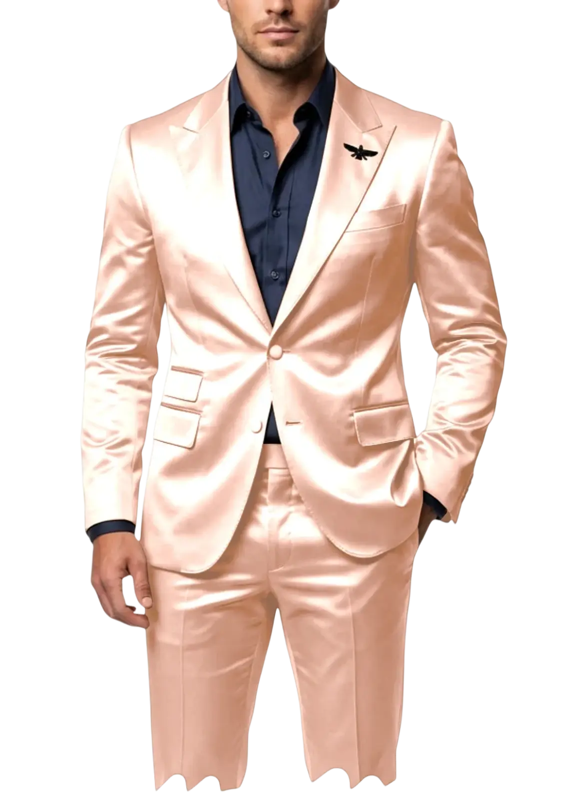 A sleek blush pink satin suit with subtle sheen and tailored fit, styled as a mens slim fit tuxedo 2-piece