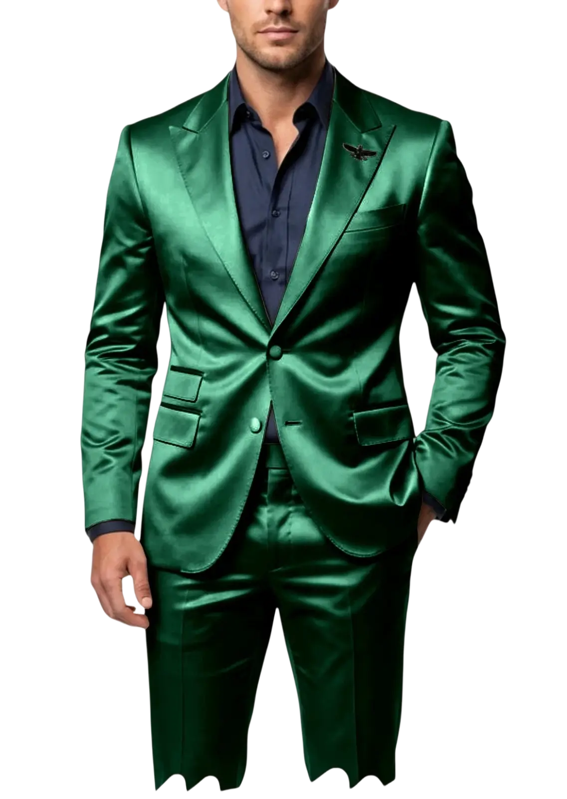 Mens satin tuxedo suit slim fit in emerald green with sharp tailoring and a subtle sheen on satin fabric