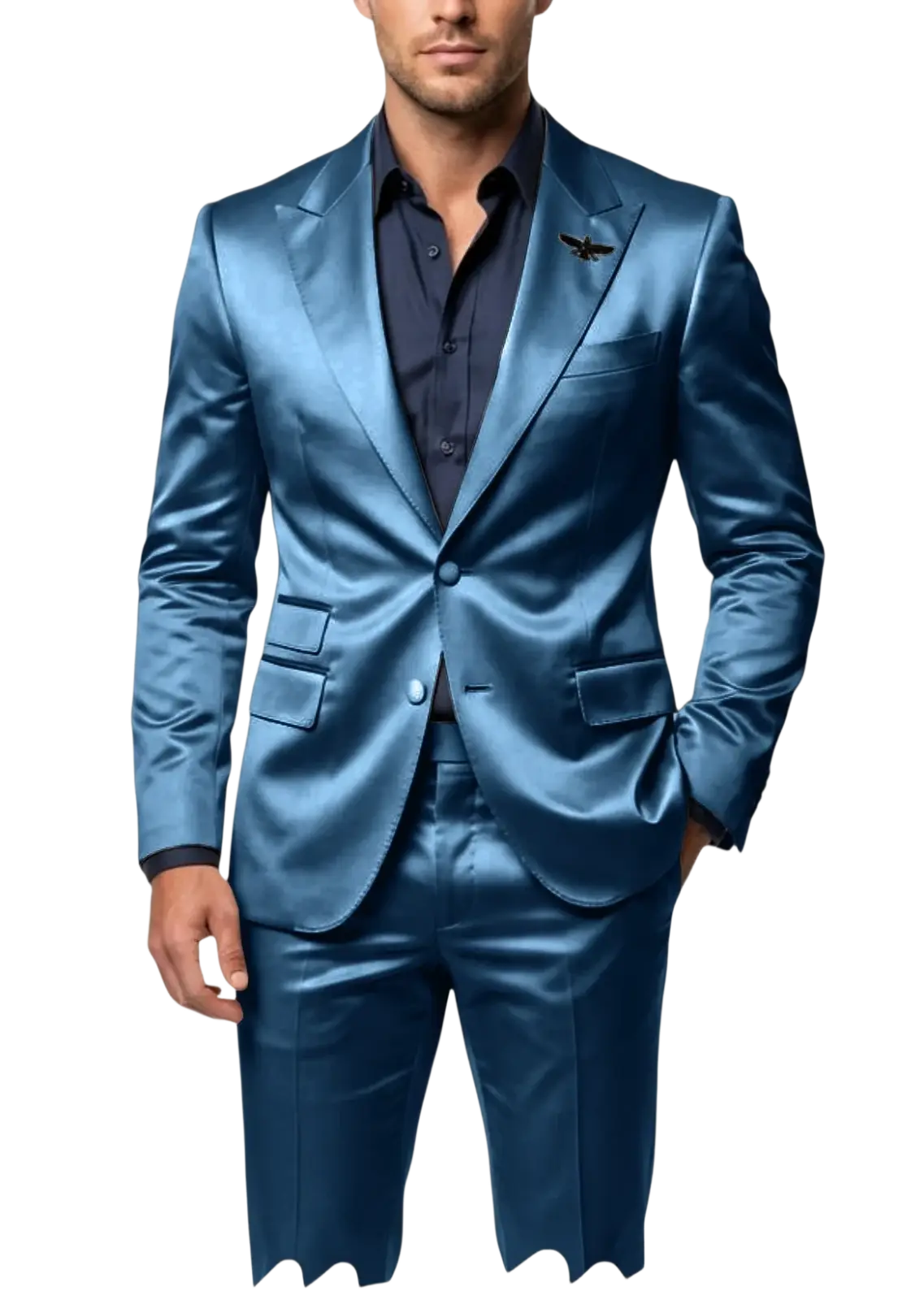 Mens satin tuxedo suit slim fit blue 2-piece with a sleek satin finish and tailored fit showcasing subtle sheen