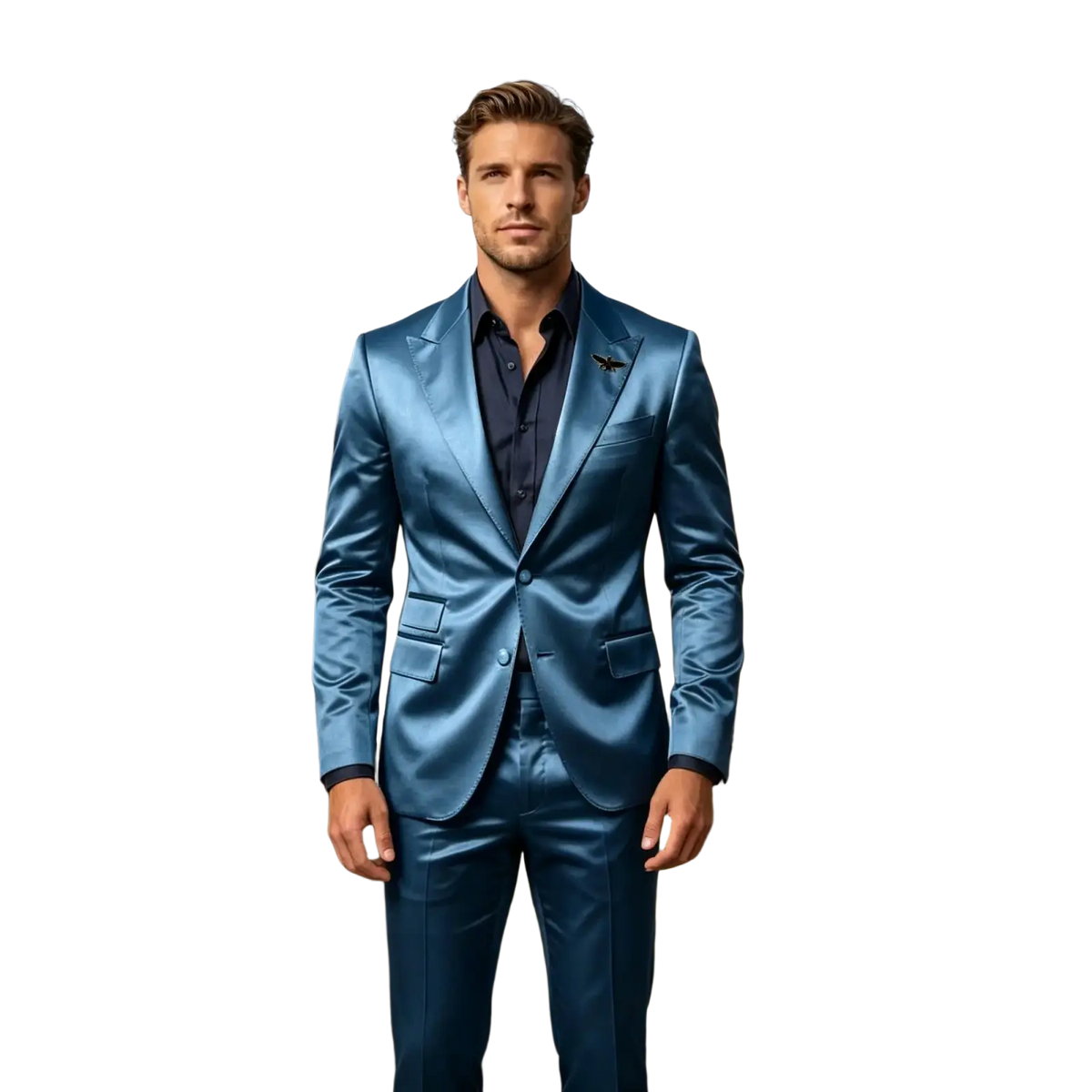 Mens satin tuxedo suit slim fit blue 2-piece featuring a sleek satin-finish suit with matching trousers and navy shirt