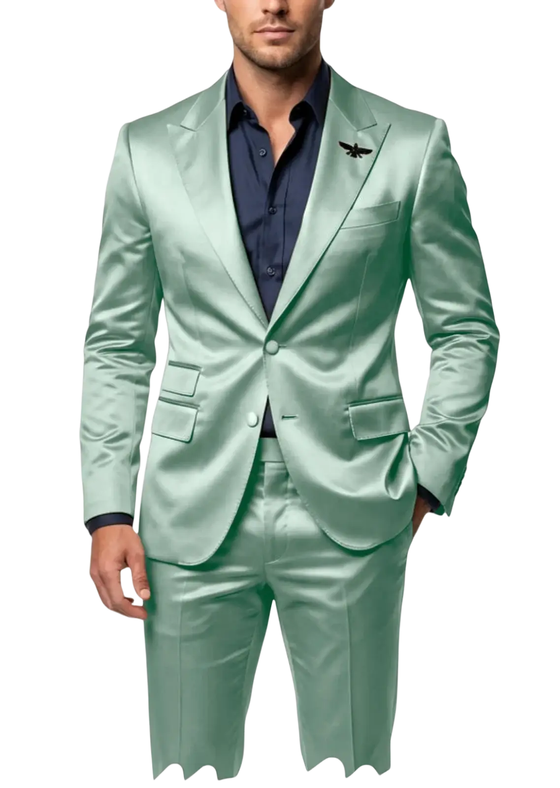 Mens satin tuxedo suit slim fit two-piece in sleek satin finish mint green with subtle sheen and tailored fit