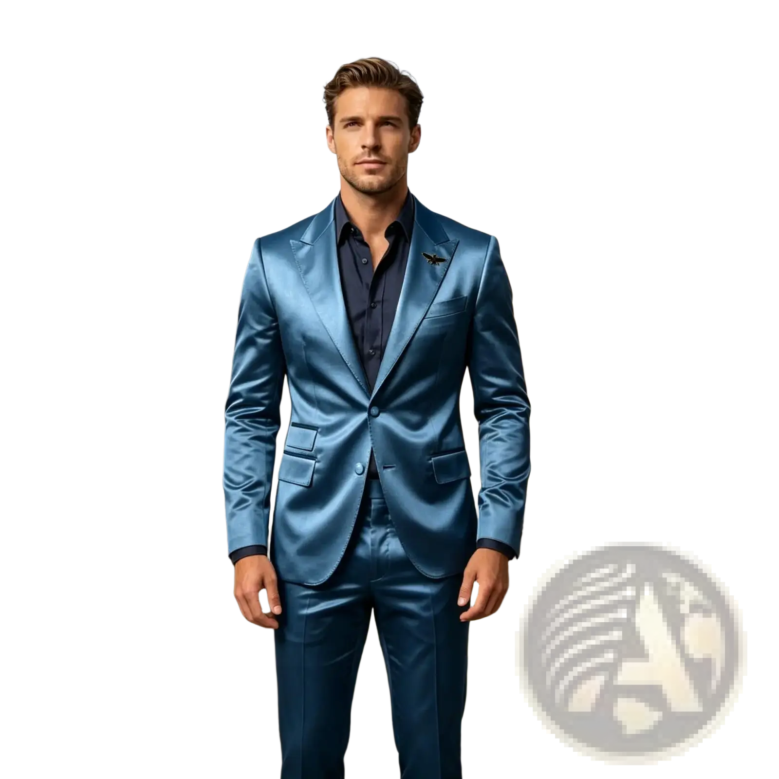 Mens satin tuxedo suit slim fit blue 2-piece featuring a sleek satin-finish suit with matching trousers and navy shirt