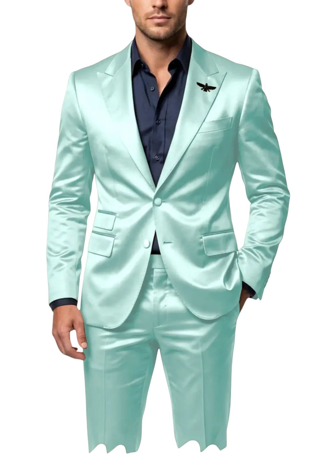 A sleek mint green satin tuxedo suit with subtle sheen and tailored fit for men in a slim fit two-piece design