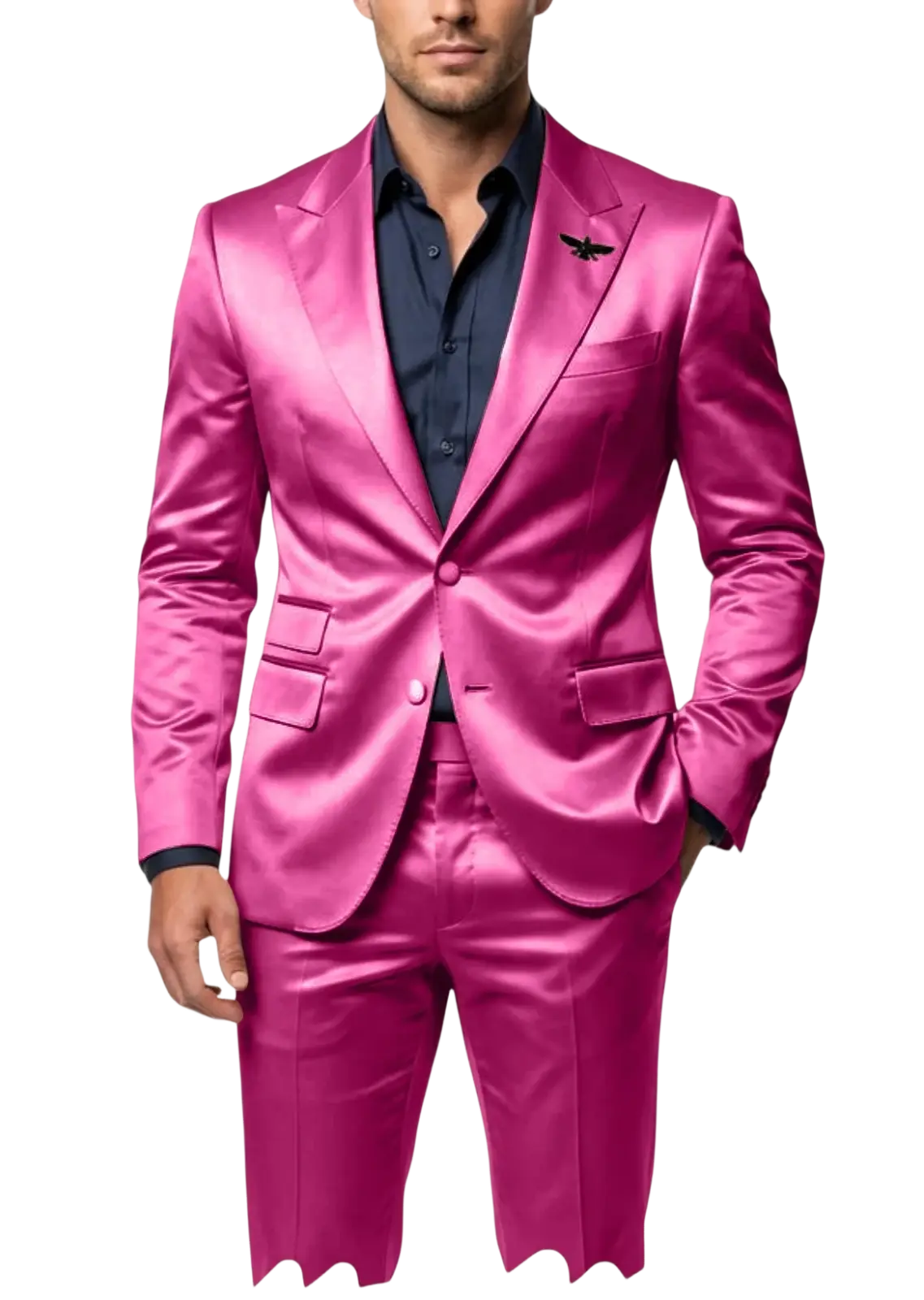 A vibrant fuchsia satin tuxedo suit with a sleek glossy finish and scalloped hem trousers in slim fit style