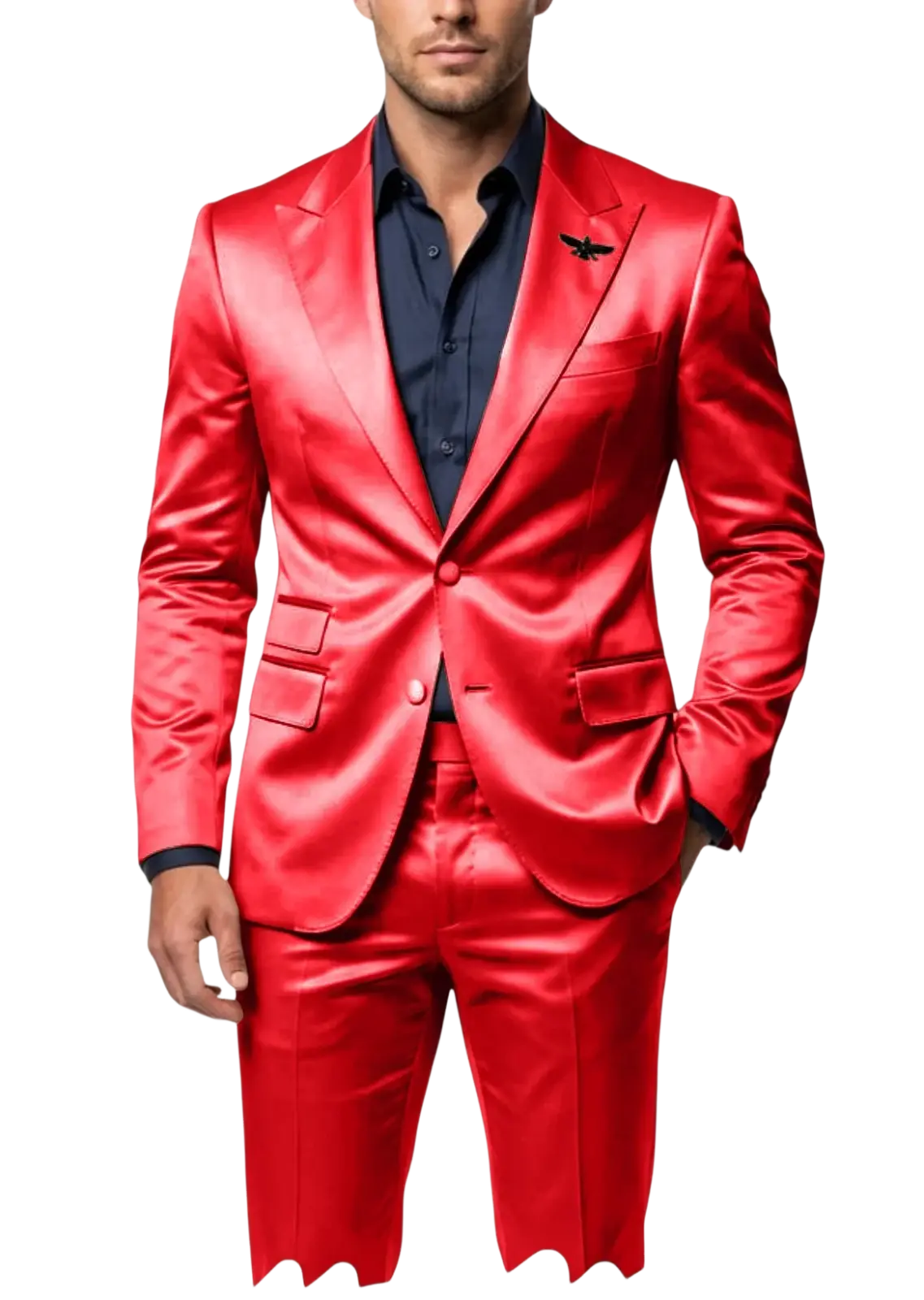 Mens satin tuxedo suit slim fit in vibrant red with a glossy finish and scalloped hemline matching trousers