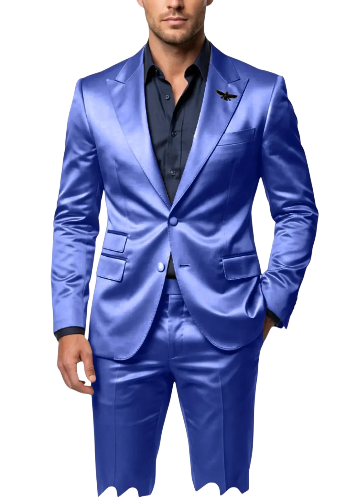 Mens satin tuxedo suit slim fit blue 2-piece with vibrant royal blue satin and subtle winged emblem on lapel