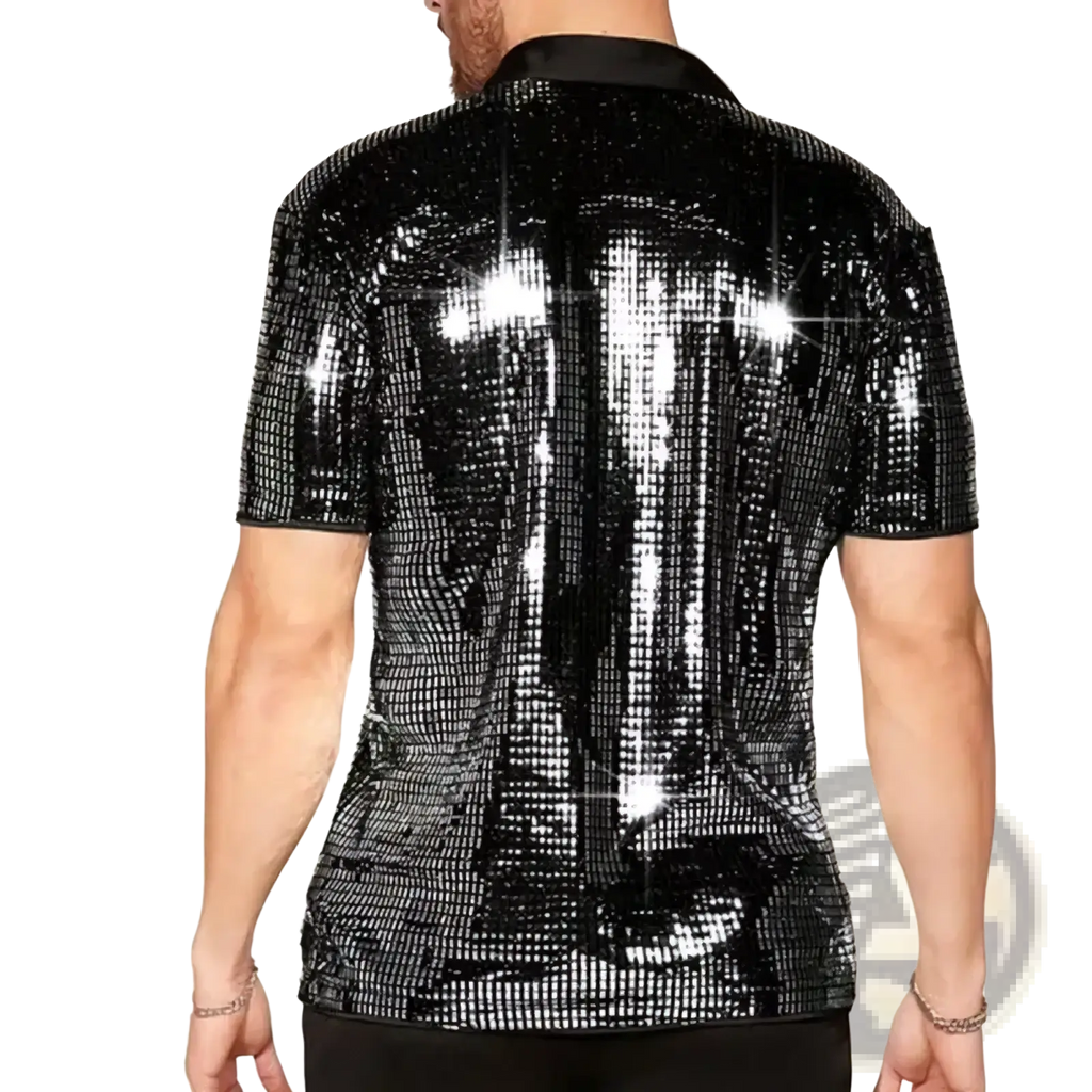 Mens sequin short sleeve stage shirt in black with a dazzling grid of silver sequins on the front