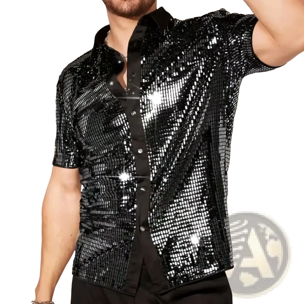 Mens sequin short sleeve stage shirt in black with shiny reflective sequins and silver buttons