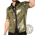 Mens sequin short sleeve stage shirt in shimmering gold sequins with black collar and button placket