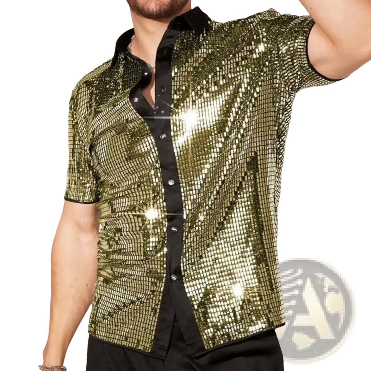 Mens sequin short sleeve stage shirt in shimmering gold sequins with black collar and button placket