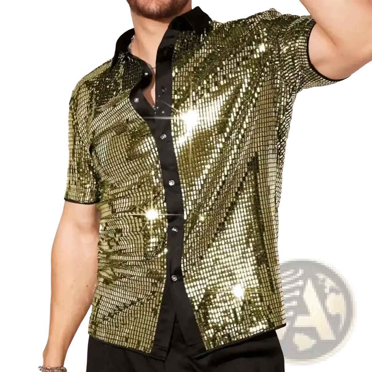 Mens sequin short sleeve stage shirt featuring shimmering gold sequins with a black collar and button placket