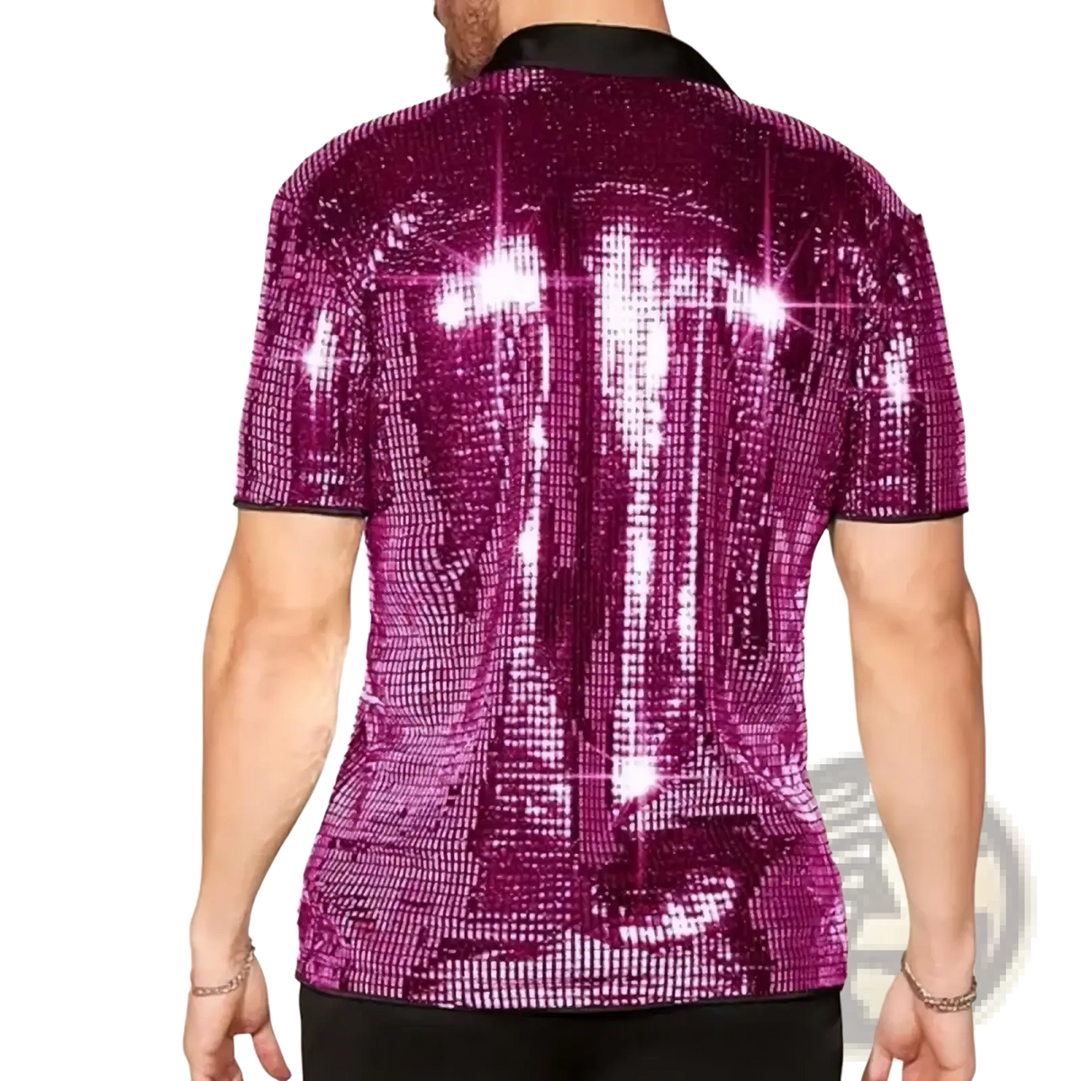 Mens sequin short sleeve stage shirt in magenta with black collar and sleeve trim featuring shimmering sequins