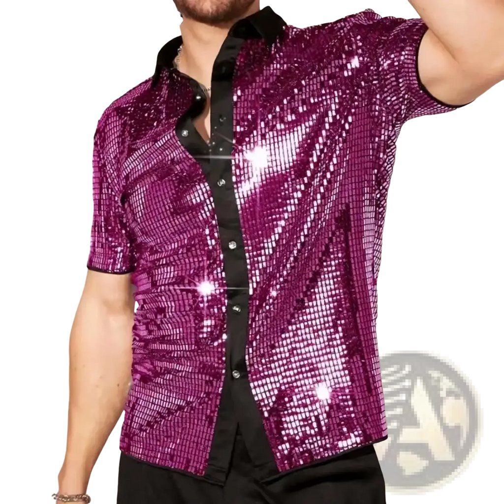 Mens sequin short sleeve stage shirt in shimmering magenta with black collar and button placket made of sequins