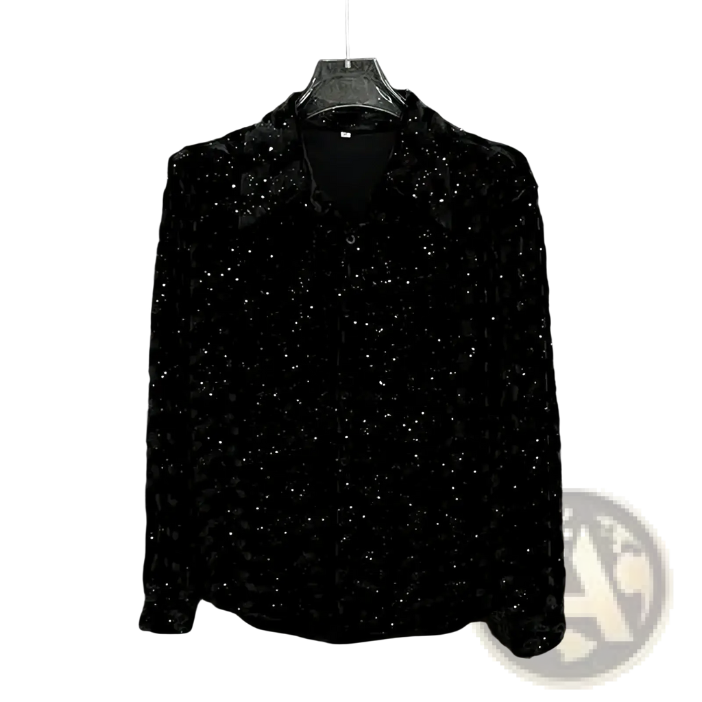 Mens sequined long sleeve button down shirt in black with button-up front hanging on clear hanger against dark wall