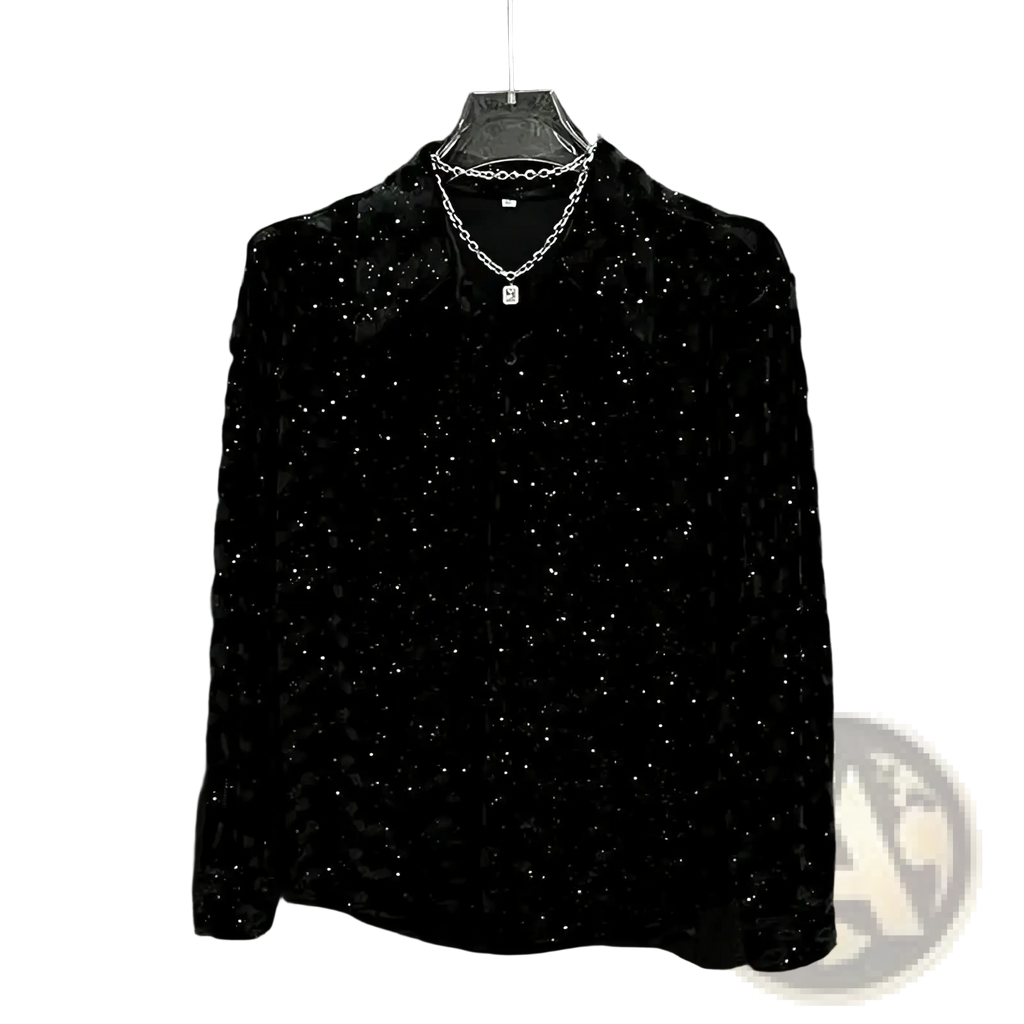 Mens sequined long sleeve button down shirt in black velvet with sparkling silver sequins and matching chain necklace