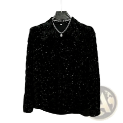 Mens sequined long sleeve button down shirt in black velvet with sparkling silver sequins and matching chain necklace