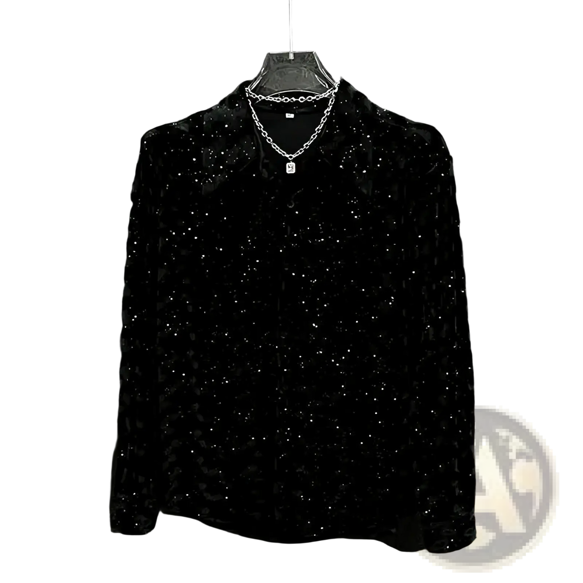 Mens sequined long sleeve button down shirt in black velvet with sparkling silver sequins and matching chain necklace